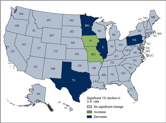 Figure 4 is a map of the United States showing the change in singleton preterm birth rates by state for 2019 and 2020. 