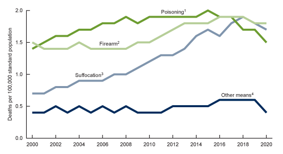 Figure 4 is a line chart of age-adjusted suicide rates for females by means of suicide for the United States for 2000–2020.