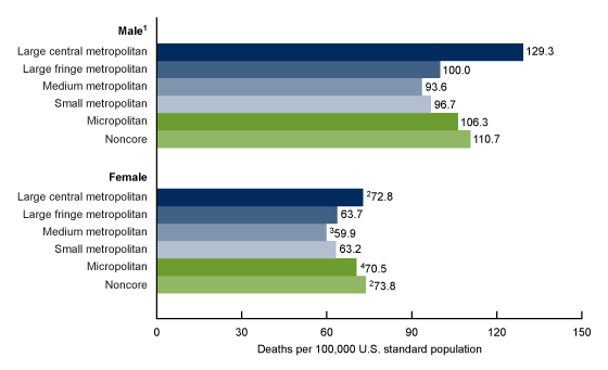 Figure 2 is a bar chart showing age-adjusted COVID-19 death rates by urbanicity of county of residence and sex in the United States in 2020.