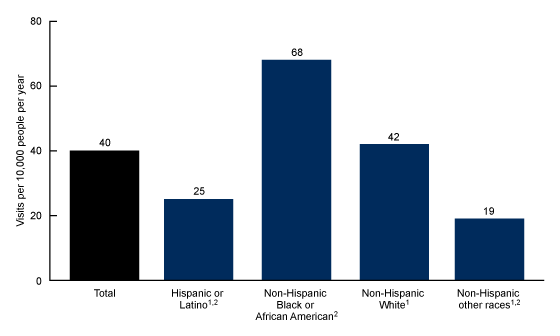 Figure 3 is a bar chart showing emergency department visit rates per 10,000 people with suicidal ideation during 2016–2020 by race and ethnicity, which includes the categories Hispanic or Latino, non-Hispanic Black or African American, non-Hispanic Other races, and non-Hispanic White.