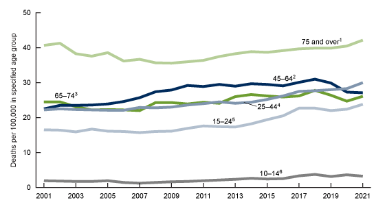 Figure 3 is a line graph showing suicide rates for males, by age group in the United States from 2001 through 2021.