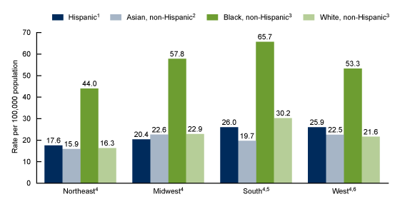 Figure 4 is a bar chart of stroke death rates for men ages 45-64 by race and Hispanic origin and region (Northeast, Midwest, South, and West) for the United States, 2022. 