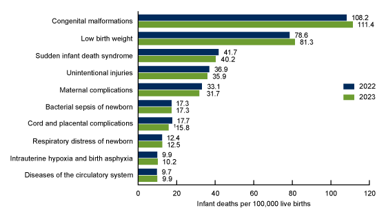 Figure 5 is a bar graph showing the infant mortality rate for the 10 leading causes of infant death in the United States in 2022 and 2023.