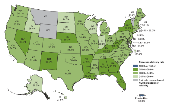 Figure 4 is a map that shows the percentage of Cesarean delivery rate for Puerto Rican mothers in U.S. mainland, by state of occurrence, and Puerto Rico, 2023. 