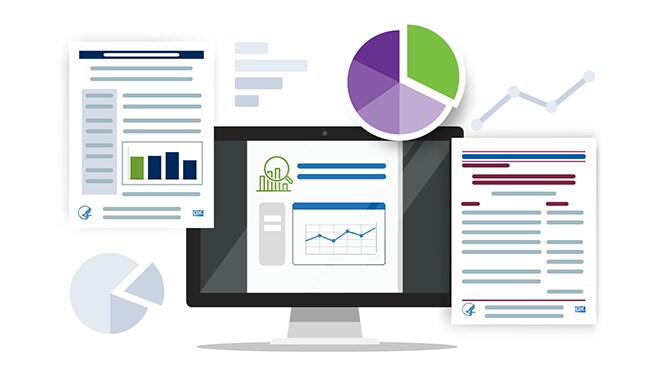 Graphic of a computer with data documentation. Other documents and pie charts float around the computer