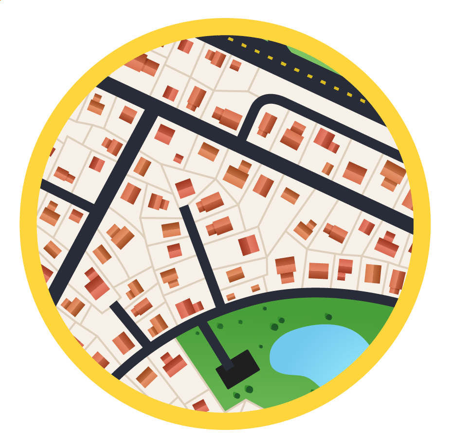 Circle filled with a view looking down on a neighborhood street map