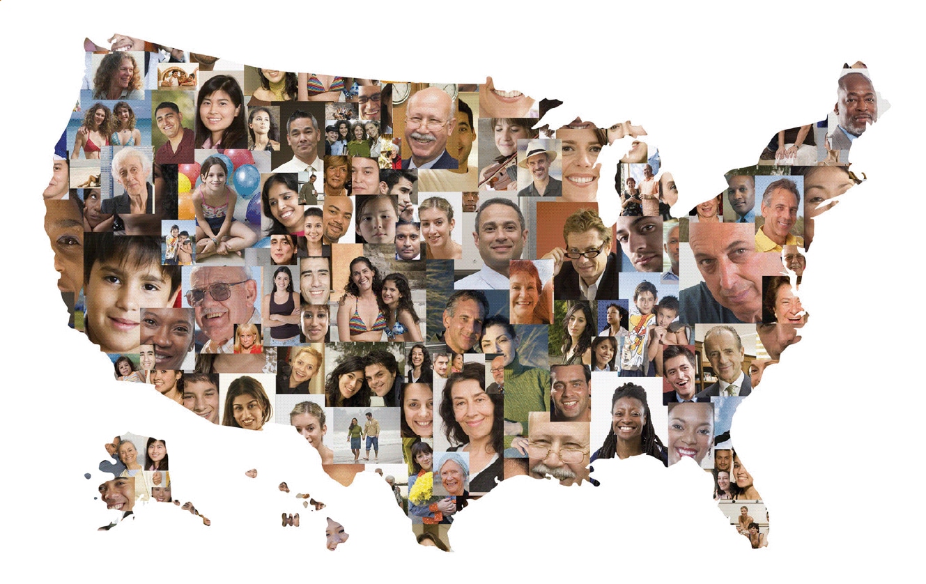 Outline of the United States filled with photos of different people's faces.