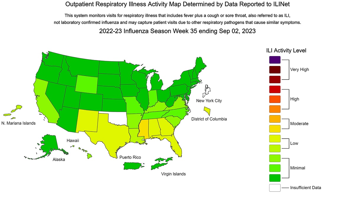 Outpatient Respiratory Illness Activity Map Determined by Data Reported to ILINet