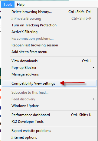 Screenshot for accessing Compatibility View Settings in Internet Explorer