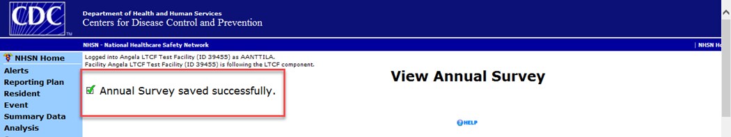 NHSN annual survey successfully saved