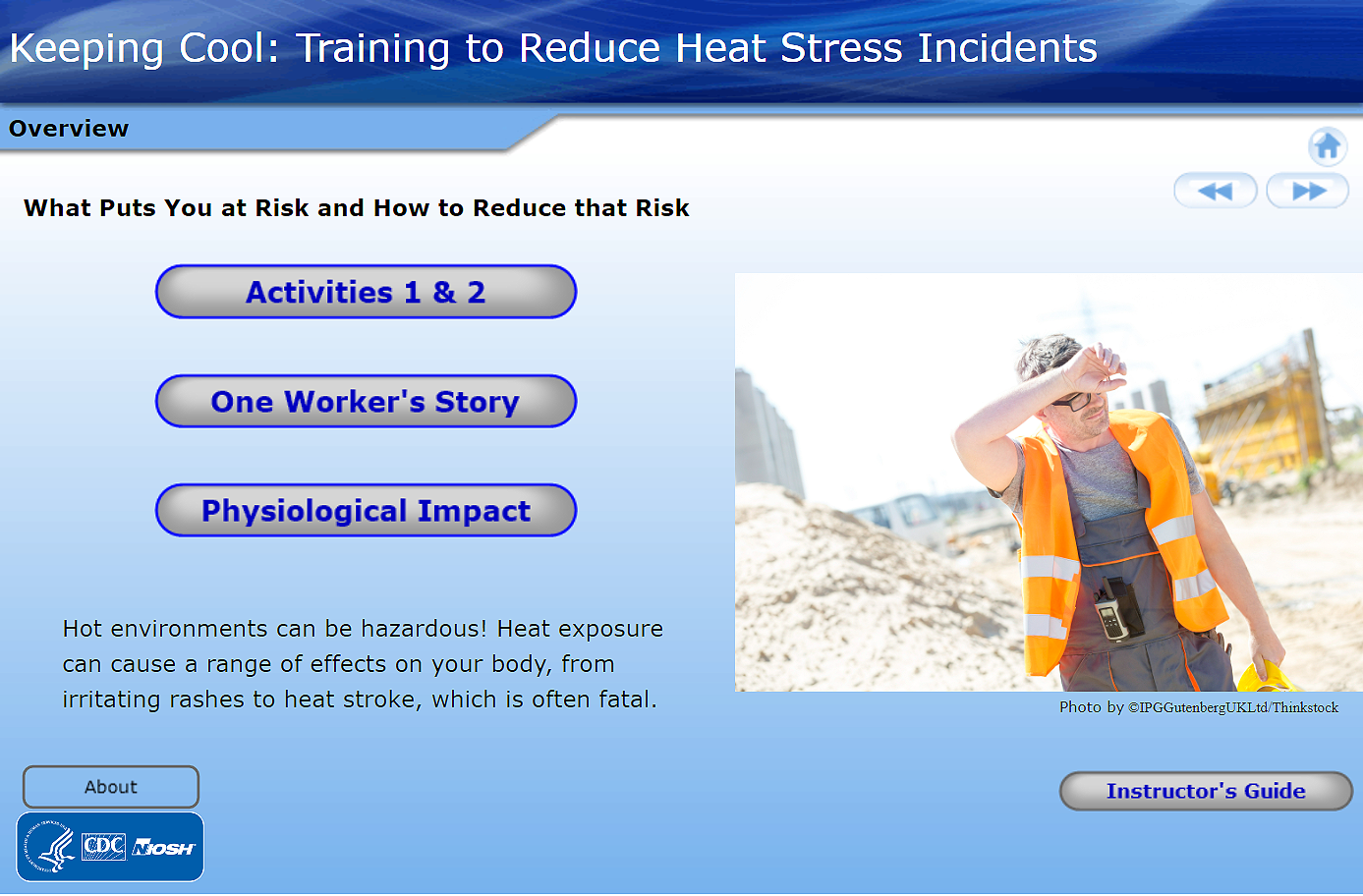 Home screen for Keeping Cool Training.