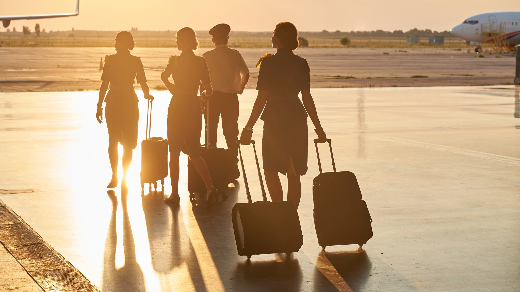 Aircrew members carrying their luggage while walking towards a plane.