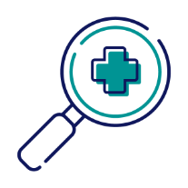 Icon of magnifying glass with medical cross in the center.