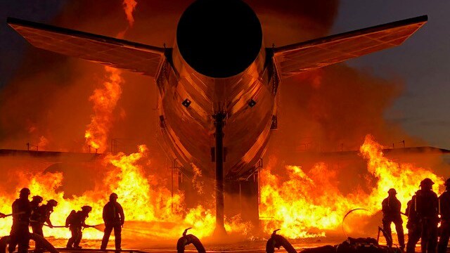 Firefighters fighting a fire near a burning airplane.