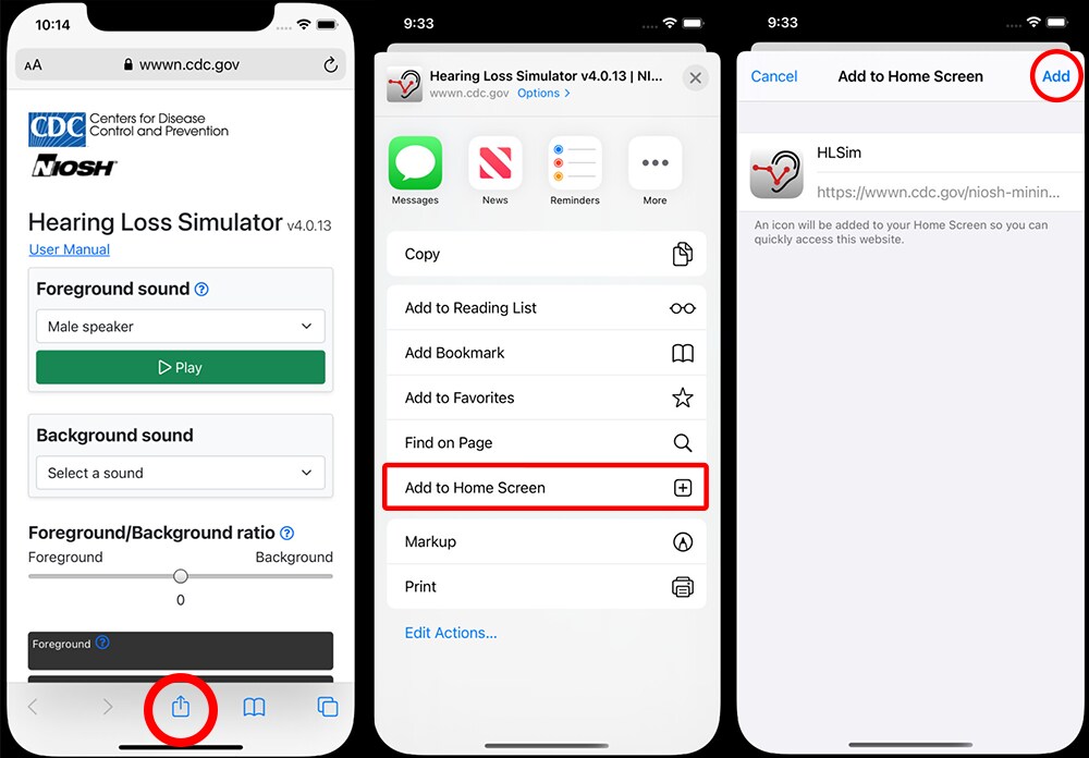 Screenshots showing PWA installation steps on iOS