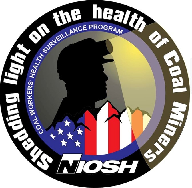 A round image with the words "Shedding light on the health of coal miners" and a miner's shadow wearing a lit helmet.