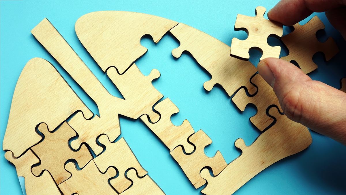 Hand assembling wooden puzzle pieces to create the shape of lungs.