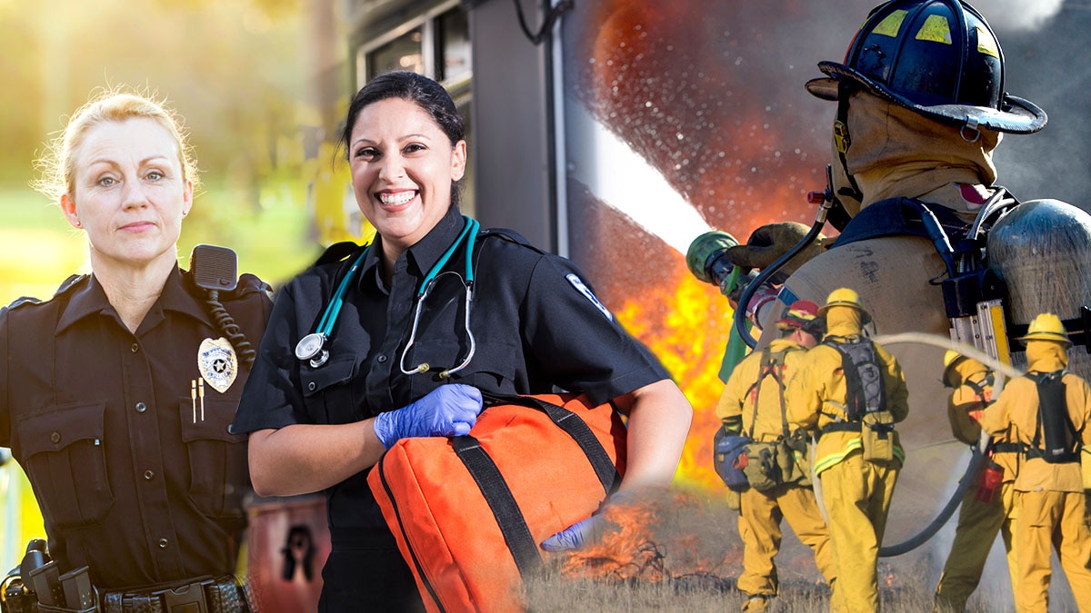 Portrait of emergency services, Emergency Medical Service worker, Law Enforcement officer, Wildland firefighters, Firemen donning SCBA