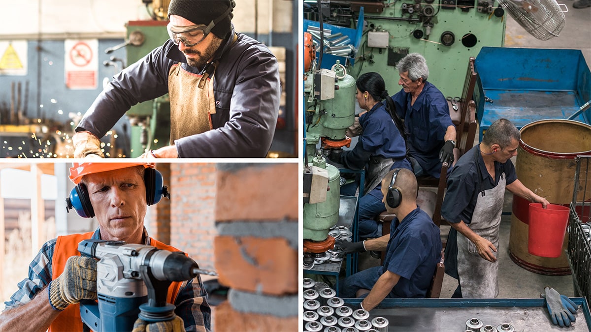 Workers in various industries using their upper arms.