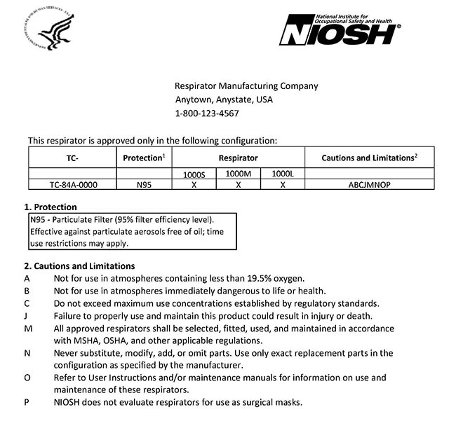 Example of an FFR NIOSH approval label on the respirator packaging