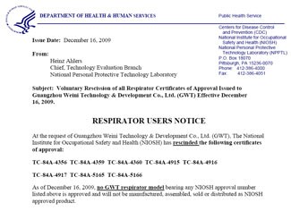 Screen shot of Respirator Users Notice