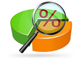 Pie chart with percentage and magnifying glass overlaid