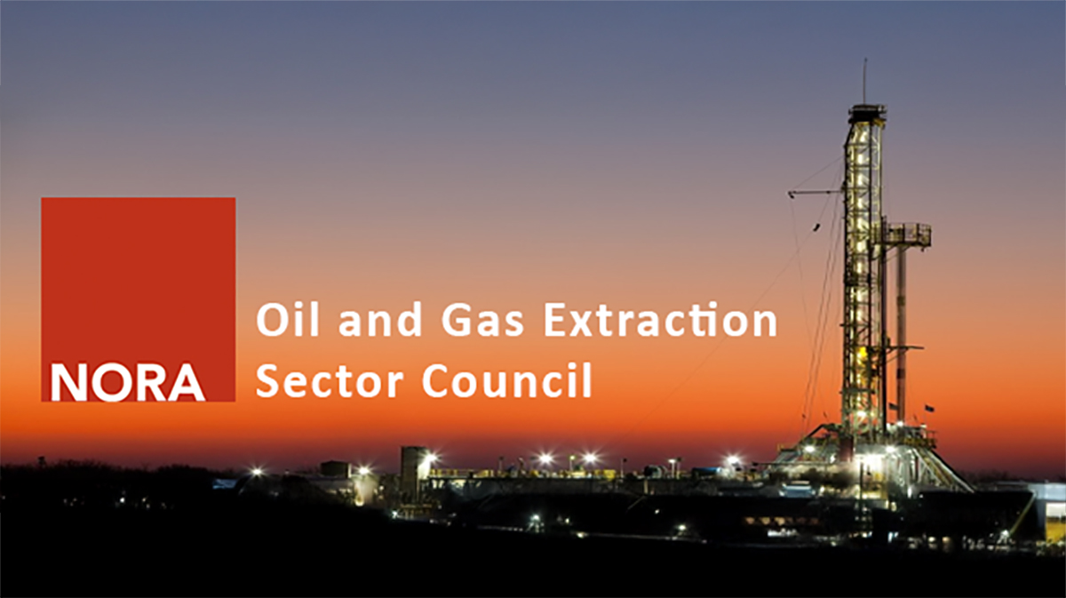 Red square with the word NORA inside box beside the council name in white font shown over an image of oil and gas field.
