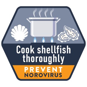 Cocine los mariscos por completo. Insignia de prevención de los norovirus.