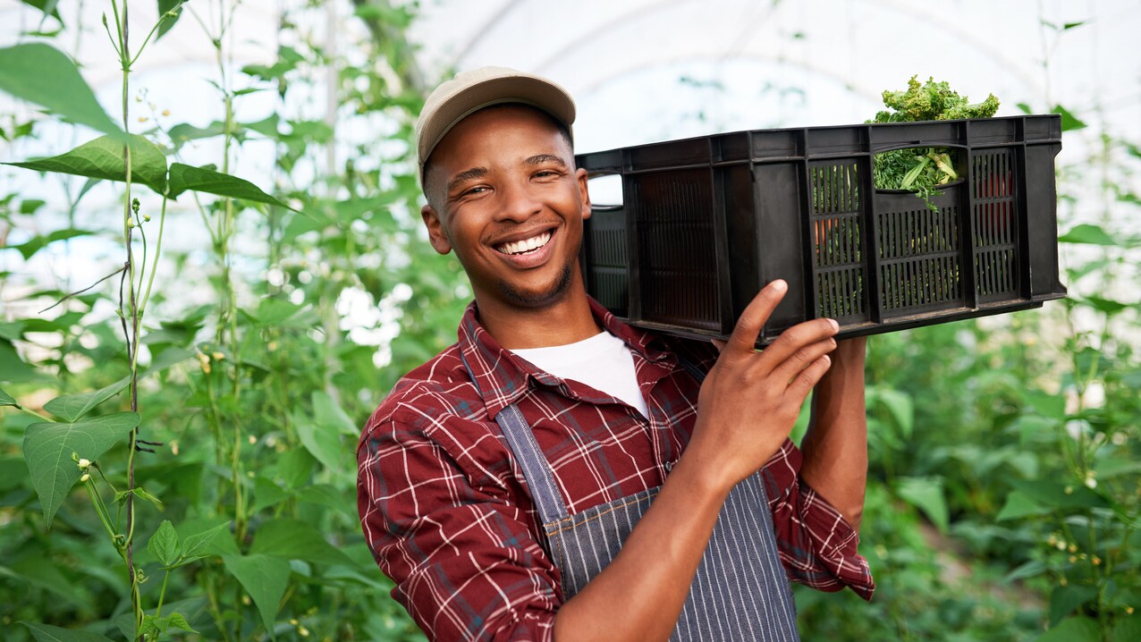 A happy produce grower with a crate of greens on his shoulder.