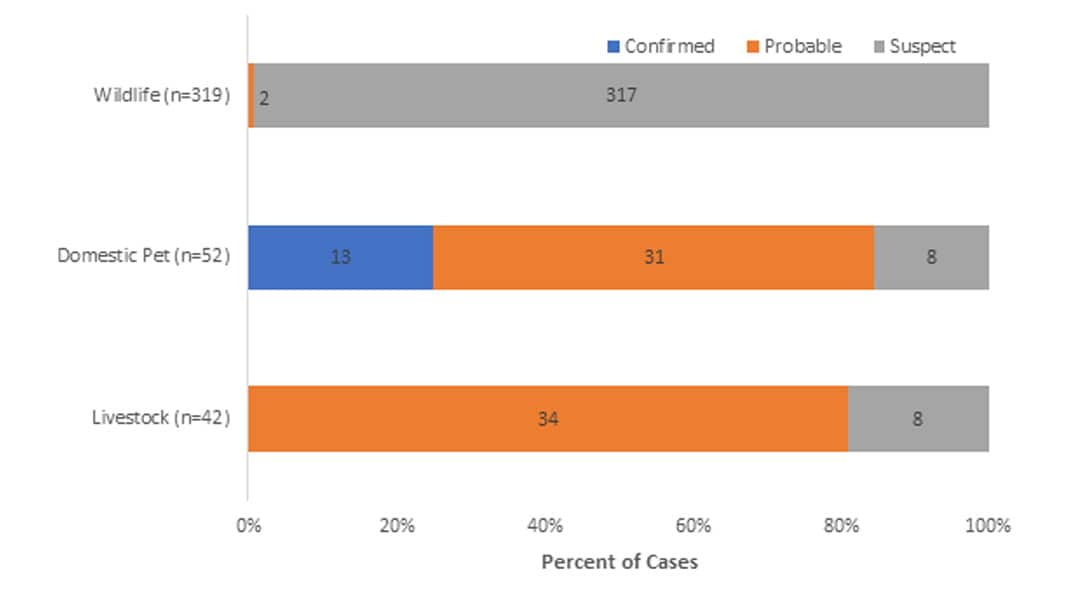 Graph of animal case classification; most wildlife cases were suspected (n=317), and most pet (n=31) and livestock (n=34) cases were probable.