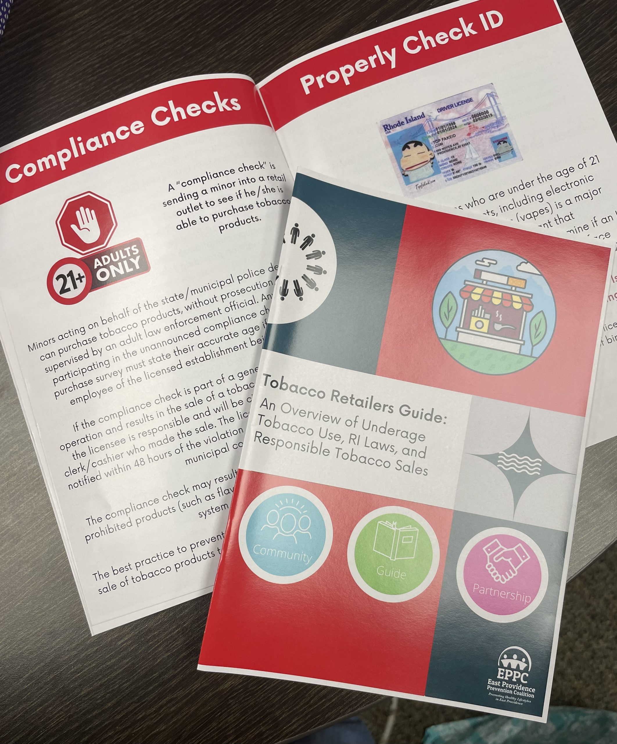 Photo of print materials distributed during compliance checks at retailers in East Providence