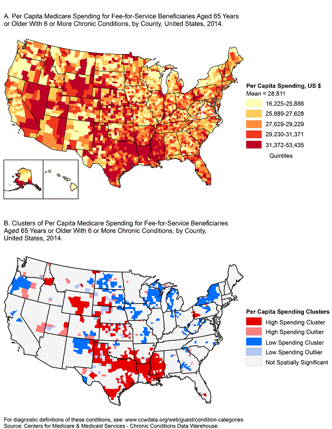 The maps highlight the need for targeted chronic disease prevention programs and policies in areas with the highest levels of Medicare spending.