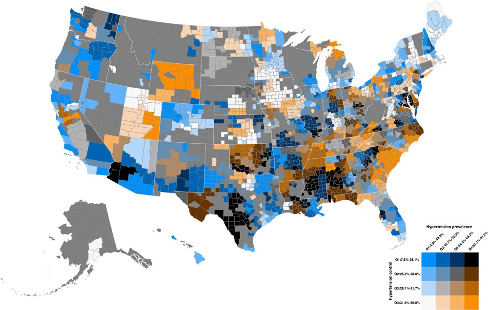 Bivariate map of hypertension prevalence and control among US adult patients aged 18 years or older in 2022.