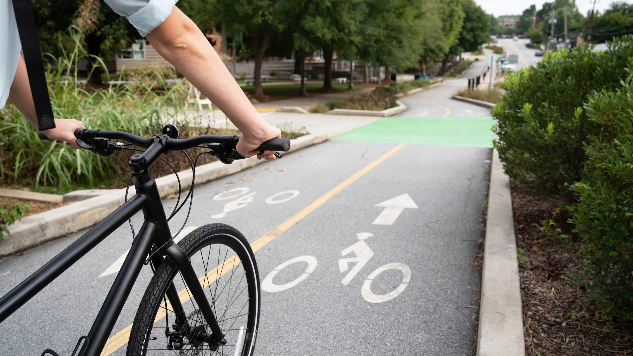 Person biking on a protected bike lane.