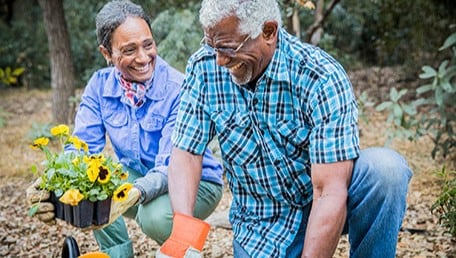 Older couple gardening outside.