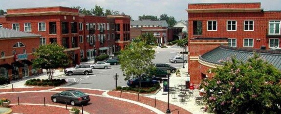 A town with sidewalks, and crosswalks