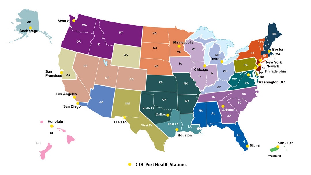 Map of the United States, organized by state/region to show locations of 20 Port Health Stations and their jurisdictions.