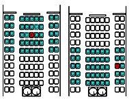 Red seat on plane indicates example index patient and blue-green seating area represents the example contact zone.