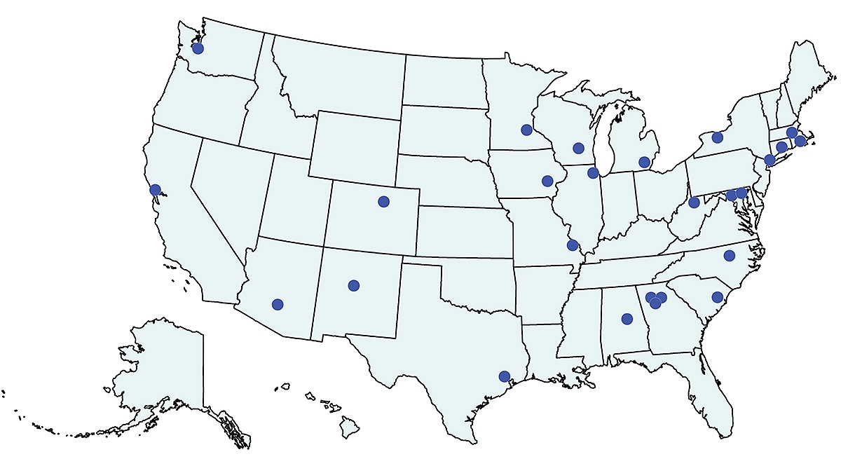 U.S. map showing Prevention Research Centers funded 2019– 2024.