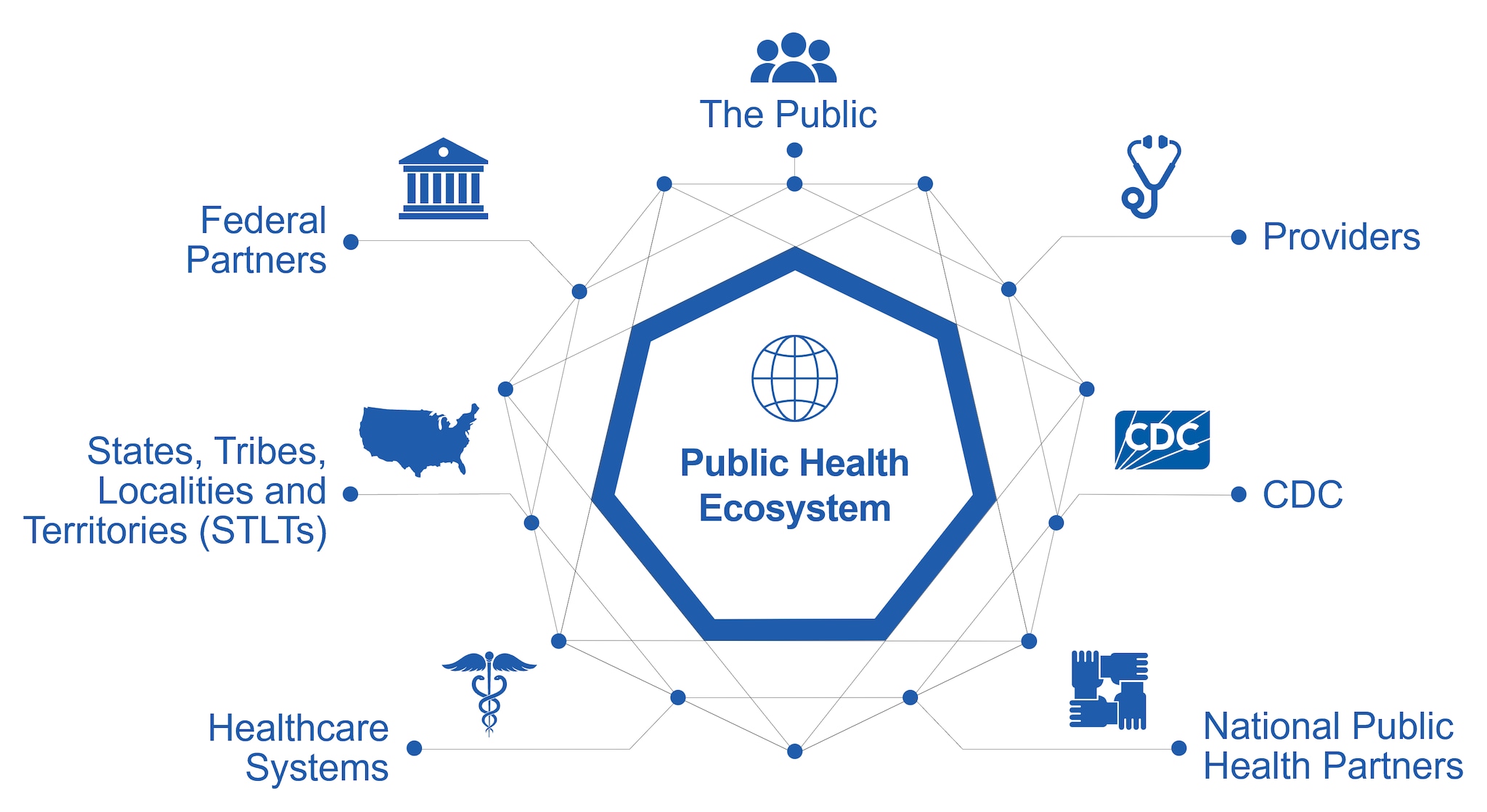 The public health ecosystem: federal partners, the public, providers, CDC, national partners, healthcare systems, STLTs