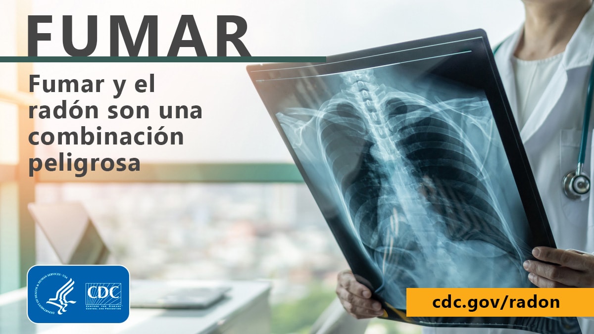 A photo of a doctor with face out of shot holding plain filmlung X-ray. In large title font at top left it reads, "FUMAR" and in smaller font beneath that, "Fumar y el radón son una combinación peligrosa". In the bottom left corner of the image is the CDC logo and at bottom right is the URL cdc.gov/radon