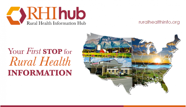 -- title missing -- An image of the United States borders with images in the background. Text to the left states "RHIhub: Rural Health Information Hub. Your First STOP for Rural Health information. ruralhealthinfo.org.