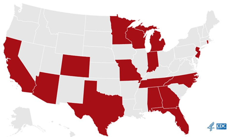 Map of the United States with 16 states shaded red.