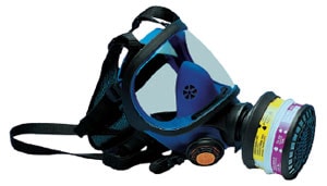 Fotograf%26iacute;a de un respirador que cubre la cara completa con purificador de aire certificado por NIOSH con un m%26iacute;nimo de cartuchos para vapor org%26aacute;nico y cartuchos y filtros para part%26iacute;culas certificados por NIOSH, y otros cartuchos que sean necesarios.