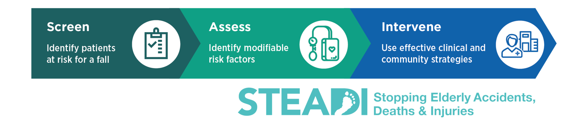 STEADI (Stopping Elderly Accidents, Deaths & Injuries) logo - Screen, Assess, Intervene