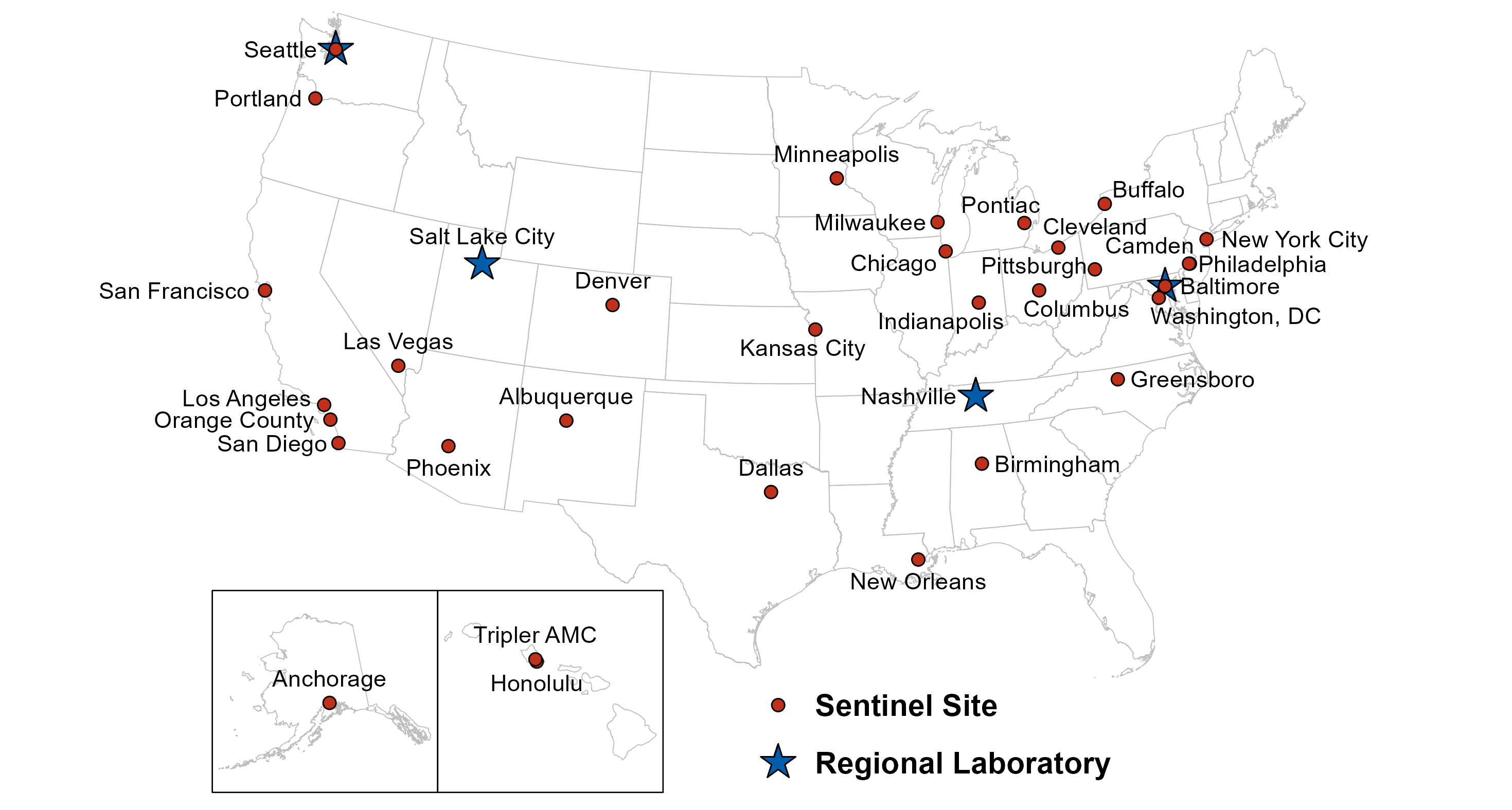 Map showing 2022 GISP Clinical Sites and Regional Laboratories