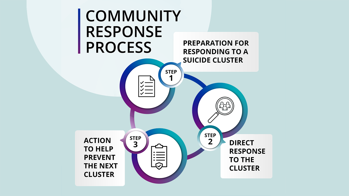 Diagram showing 3 circles and 3 boxes of steps on how to conduct a community response to a suspected suicide cluster.