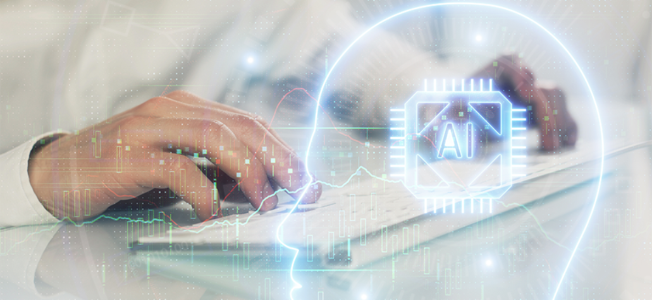 hands typing on a keyboard behind artificial intelligence hologram hands typing on a keyboard behind artificial intelligence hologram