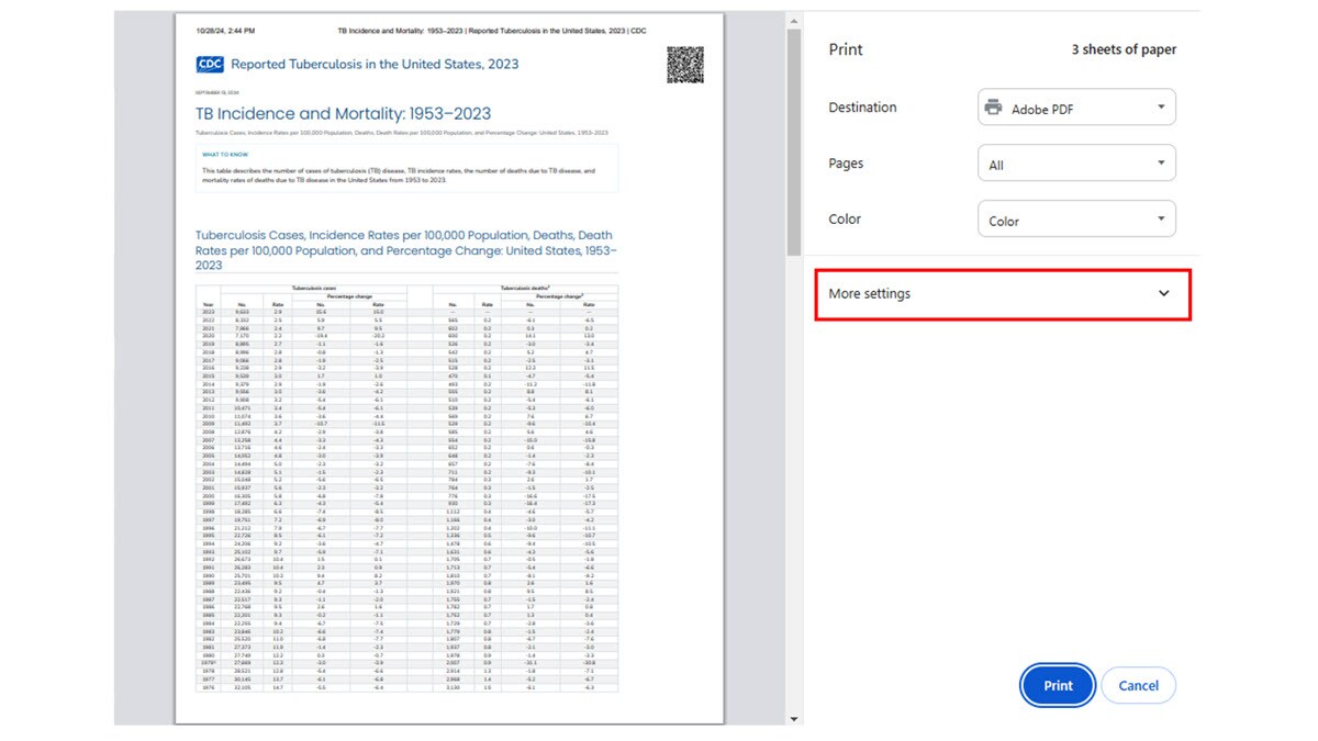 In the pop-up window, click "More settings" to customize the scale and margins.