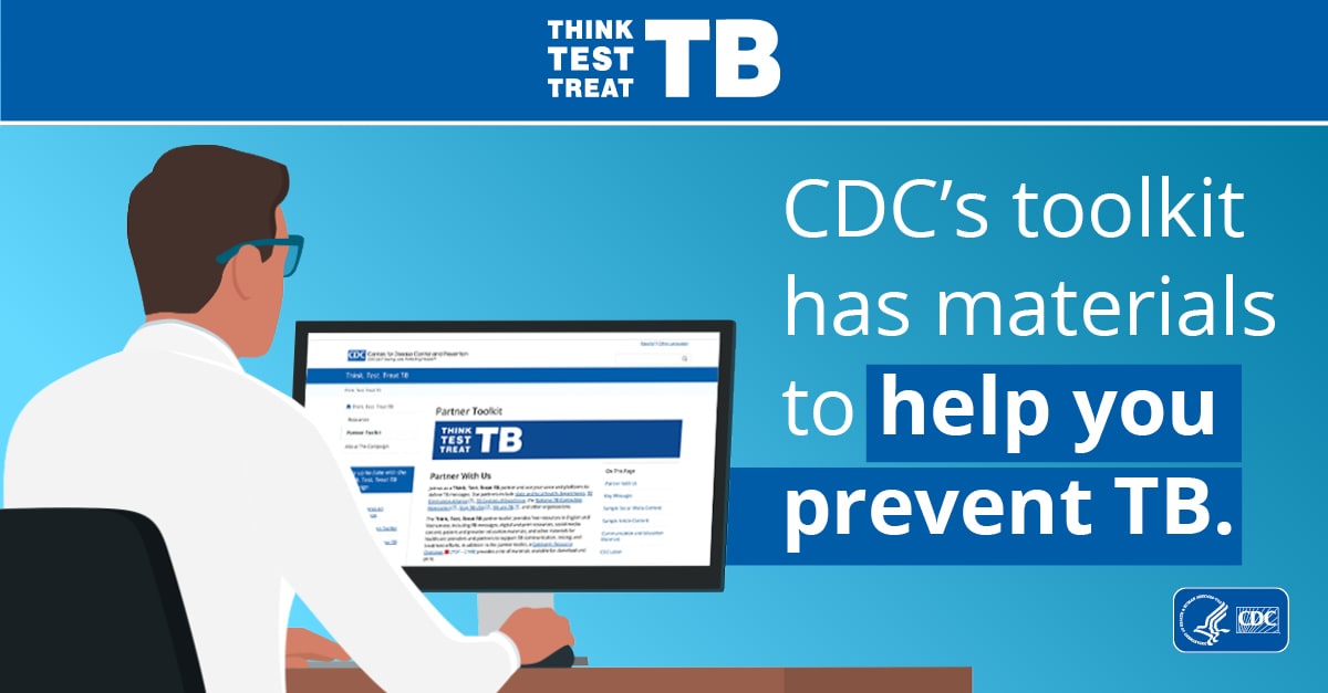 A health care provider looks at TB information on a computer screen. The text reads "CDC's toolkit has materials to help you prevent TB."